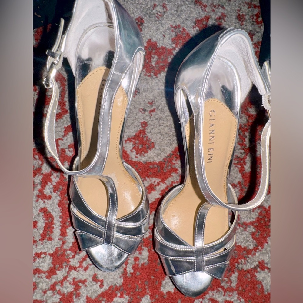 Gianni Bini Platform 5” Stiletto Heels with Adjustable Strap - Silver - 8.5